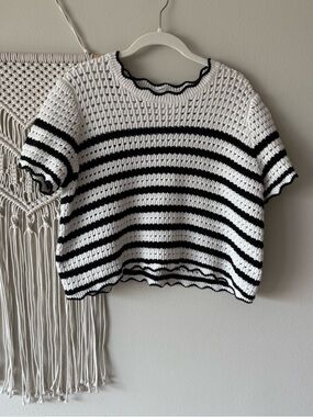 GAP Black & White Striped Crochet Top